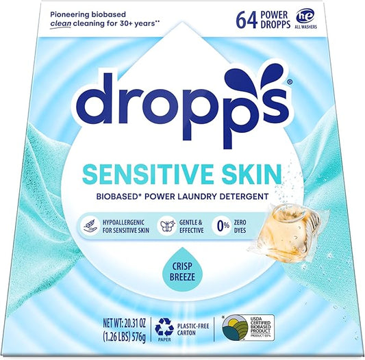 Dropps Sensitive Skin Laundry Detergent Pods, Crisp Breeze (64 Count) - Dermatologist Tested Laundry Pods - HE Compatible Laundry Supplies for Clean Clothes, Vegan & Dye-Free