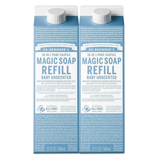Dr. Bronner's Magic Soap-Pure-Castile Liquid Refill (Baby Unscented, 32 ounce, 2-Pack) - Made with Regenerative Organic Certified Oils, For Body, Hair, Laundry, Pets & Dishes, Concentrated, Vegan