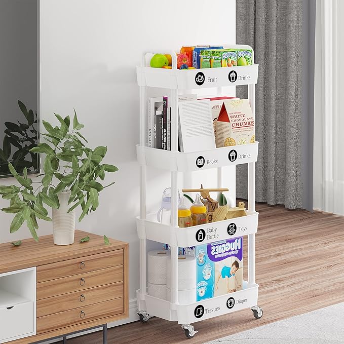 Laiensia 4-Tier Storage Cart,Multifunction Utility Rolling Cart Kitchen Storage Organizer,Mobile Shelving Unit Cart with Lockable Wheels for Bathroom,Laundry,Living Room,With Classified Stickers,White