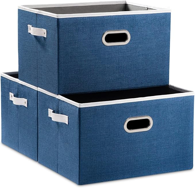 PRANDOM Larger Collapsible Storage Bins for Closet [3-pack] Decorative Linen Fabric Storage Baskets Cubes with Leather/Metal Handles for Living Room Royal Blue (17.3x12.2x10.4 Inch)