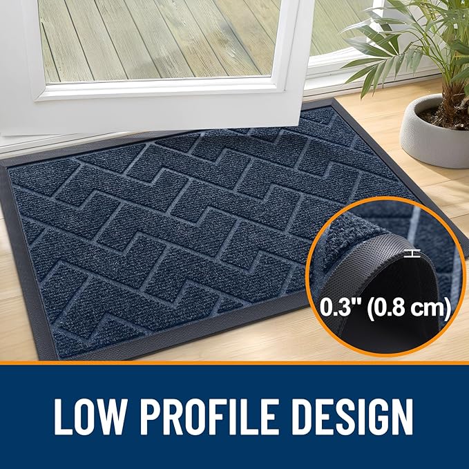 OLANLY Front Door Mat Indoor Outdoor Entrance, Waterproof All-Season, All-Weather Doormat, Sturdy Natural Rubber, Low Profile, Easy Clean Patio Porch Entryway Mat, Herringbone Brick (Blue, 29.5x17)