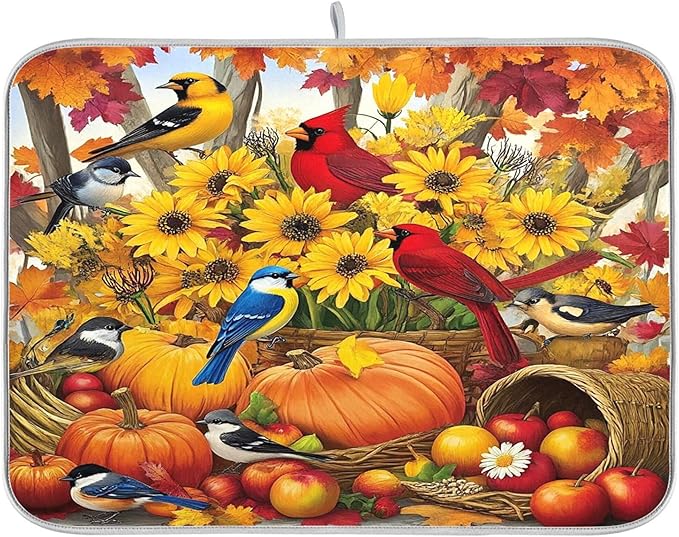 Fall Birds Dish Drying Mat for Kitchen Countertop 18x24 Autumn Pumpkin Sunflower Large Drying Mat Reusable Quick Dry Dish Sink Mats Easy Clean Decorative Essentials