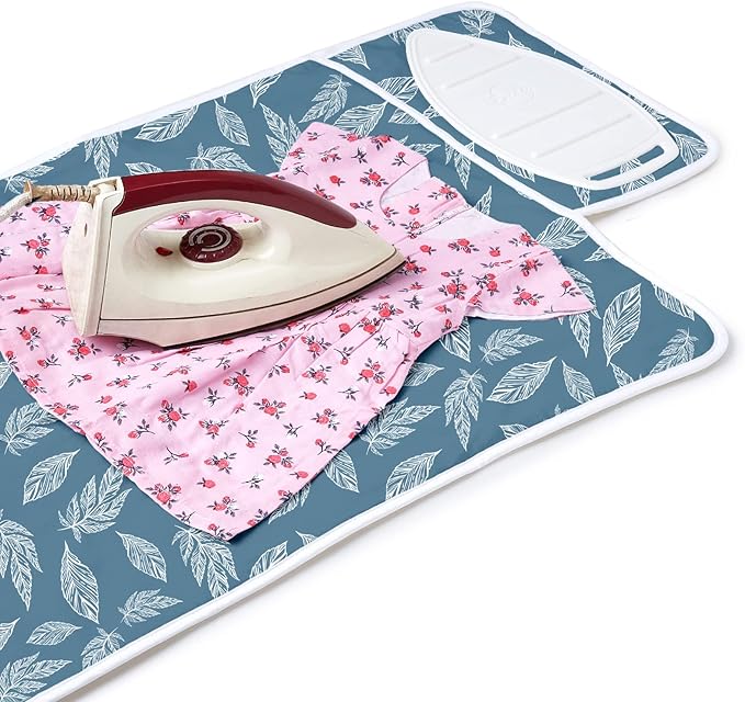 Encasa XO Ironing Mat/Pad (Small 28"x20") with 3mm Padding & Silicone Iron Rest for Steam Pressing on Tabletop or Bed - Heat Resistant, Portable, Quilting & Travel Blanket - Big Leaves Blue