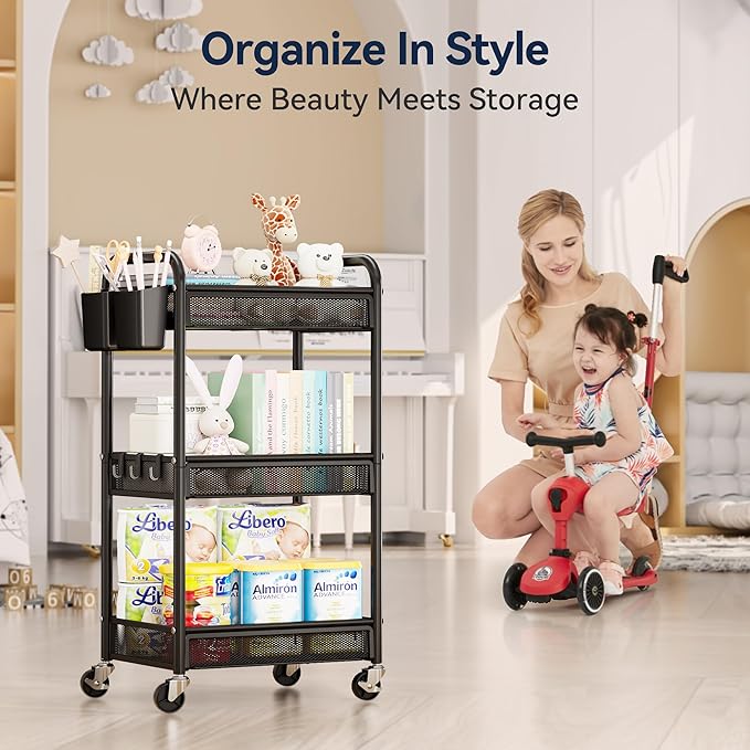 YASONIC 3 Tier Rolling Cart – Metal Utility Storage Cart with Wheels, Craft Cart Organizer with Hanging Cups, Hooks, Mesh Basket for Bedside Kitchen Office Art, Black