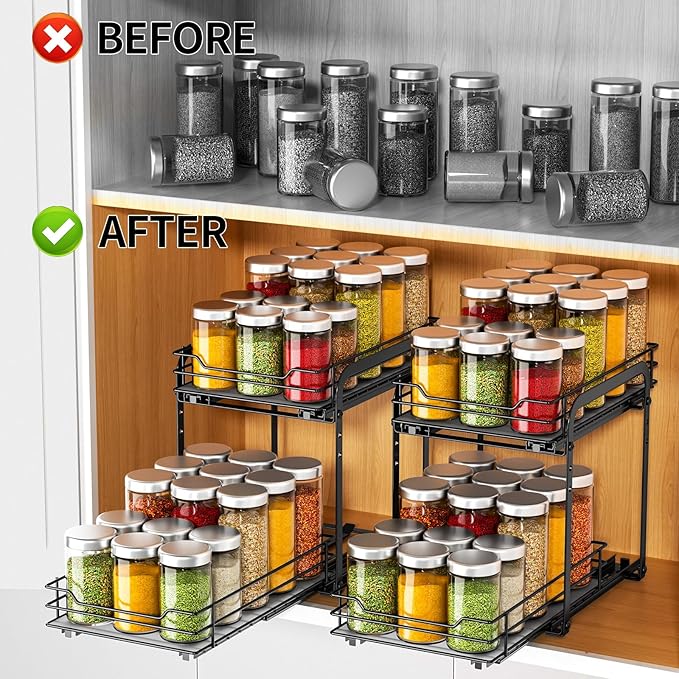 RCHYFEED Spice Rack, 2 Tier Pull out Cabinet Spice Organizer, Height Adjustable Slides out Ultra-smooth Racks for Spice Organization, Seasoning Organizer for Inside Cabinets(7.5" Wx10.5 Dx9.5 H)