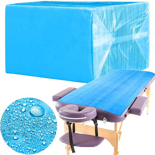 Breling 100 Pcs 31.5 x 71 Inch Disposable Bed Sheets Oil-proof PE Film Massage Table Sheets Non-woven Fabric Spa Waterproof Bed Cover Breathable for Beauty Salon Hotels Tattoo Waxing(Blue)