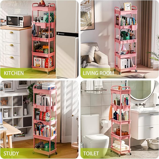 5 Tier Rolling Cart Organizer,Bathroom Cart Organizers with Wheels Laundry Room Organization Mobile Shelving Unit Utility Cart Storage Shelves Multi-Functional for Office, Home(Pink)