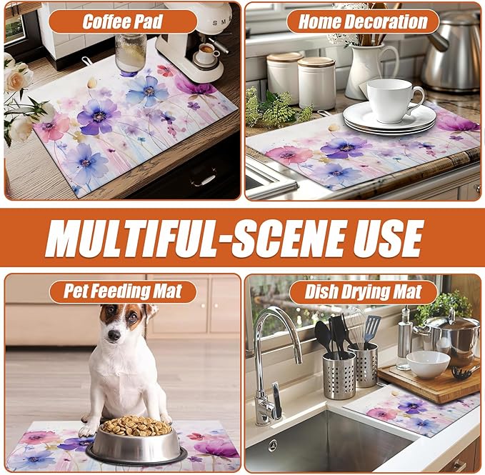 Watercolor Flowers Dish Drying Mat for Kitchen Counter Microfiber Absorbent Dish Kitchen Drying Mat Draining Reusable Washable for Dishes/Utensils/Counterto
