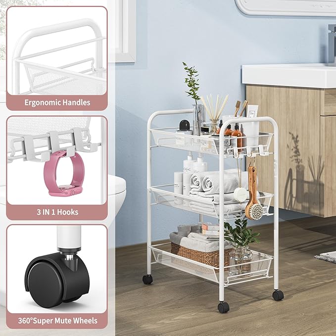 TOOLF 3-Tier Metal Rolling Cart, Mesh Wire Easy Assemble Utility Cart, Storage Trolley on Wheels with 3 Hooks, MetalStorage Shelving Units for Kitchen Bathroom Laundry Room
