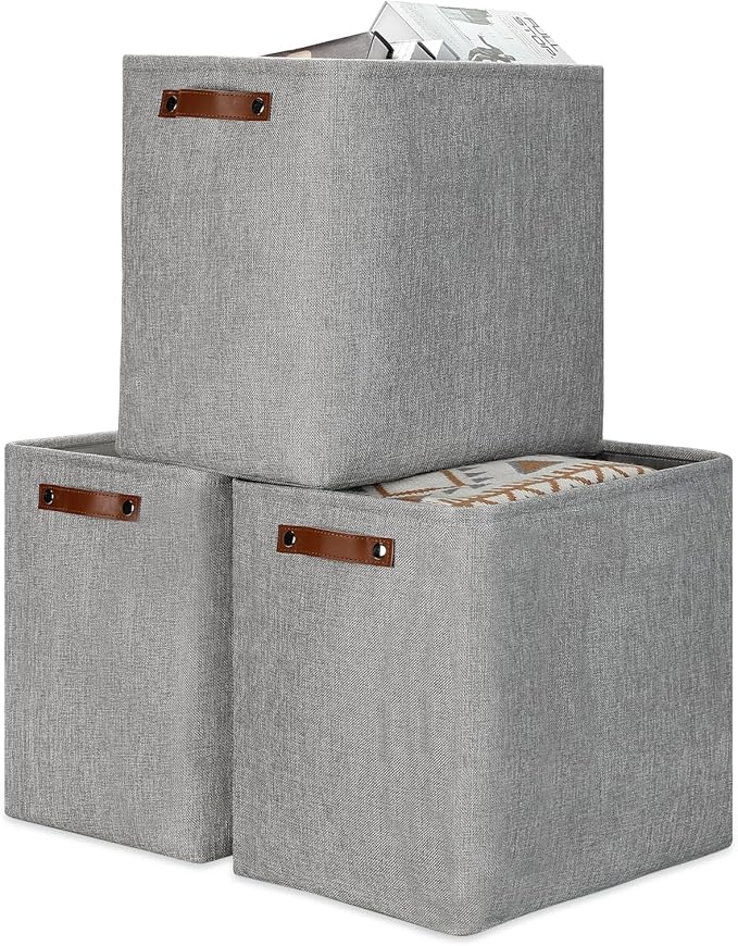 DULLEMELO Large Storage Baskets for Blankets Living Room 51L Canvas Storage Baskets for Organizing 3 Pack Collapsible Baskets Bins for Organizing Home Office with Handles (Grey)