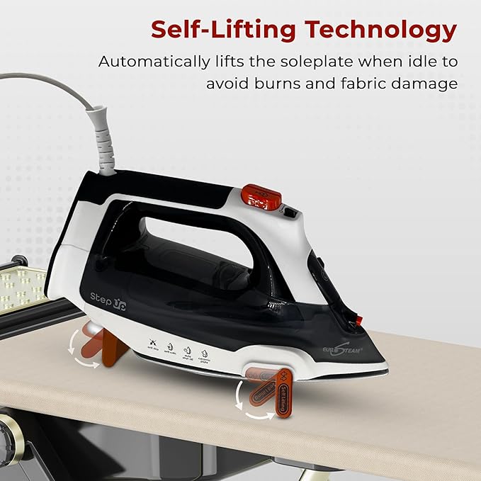Eurosteam Step Up Iron - Self-Lifting Smart Iron with Ceramic Soleplate - Auto-Lift Safety & Smart Temp Technology for All Fabrics - Ironing Reimagined: Smart, Safe, and Effortlessly Fast