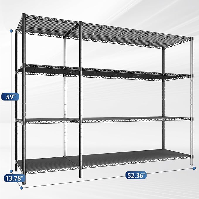 52.36''W Storage Shelves Metal Shelving Unit Load 1120LBS 4 Tier Wire Shelving for Storage Rack Adjustable Garage Shelving Heavy Duty for Pantry Kitchen Garage,52.36Wx13.78Dx59H