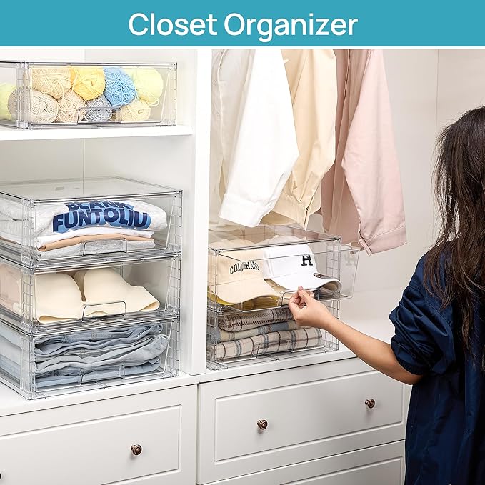 Vtopmart 3 Pack Large Stackable Storage Drawers,Easily Assemble Clear Acrylic Bathroom Closet Undersink Organizers,Plastic Storage Bins for Cabinet,Kitchen Pantry,Medicine Organization