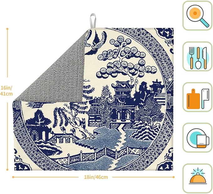 Dish Drying Mat For Kitchen Counter Absorbent Dish Mat Reversible Drainer Drying Kitchen Mat (Oriental Style Chinese Blue Willow, 16"x18")
