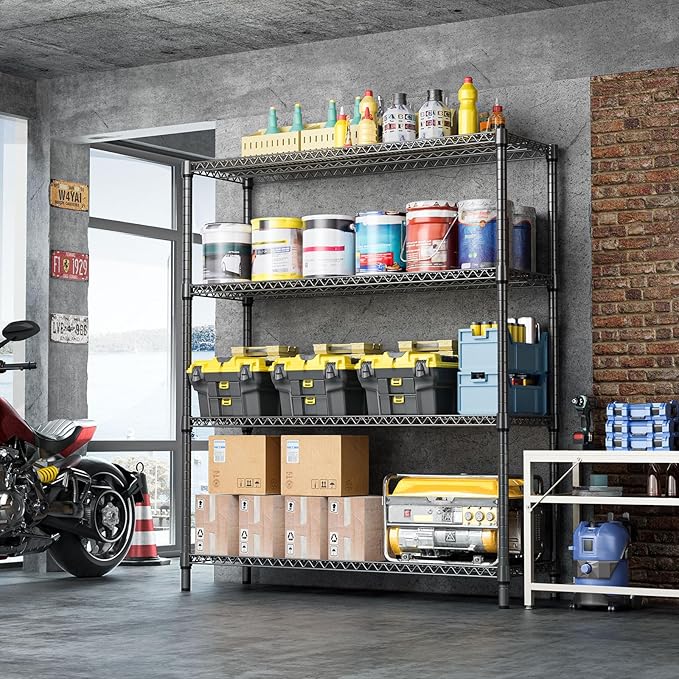 IZEUK 4-Tier Metal Garage Shelving, Heavy Duty Adjustable Storage Rack Organizer, Industrial Steel Shelves for Basement, Kitchen, Office, Warehouse (Black, 17.7" D x 59.1" W x 70.9" H)