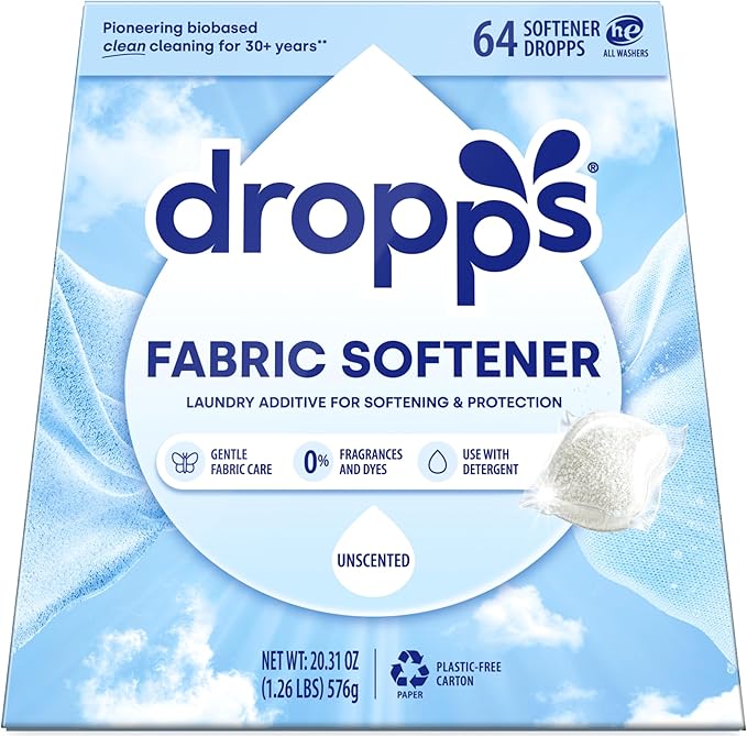 Dropps Laundry Fabric Softener Pods, Unscented (64 Count) - Fabric Softener Liquid Pods for Fluffy, Soft Fabrics - HE Compatible Mineral Based Ingredients Laundry Supplies