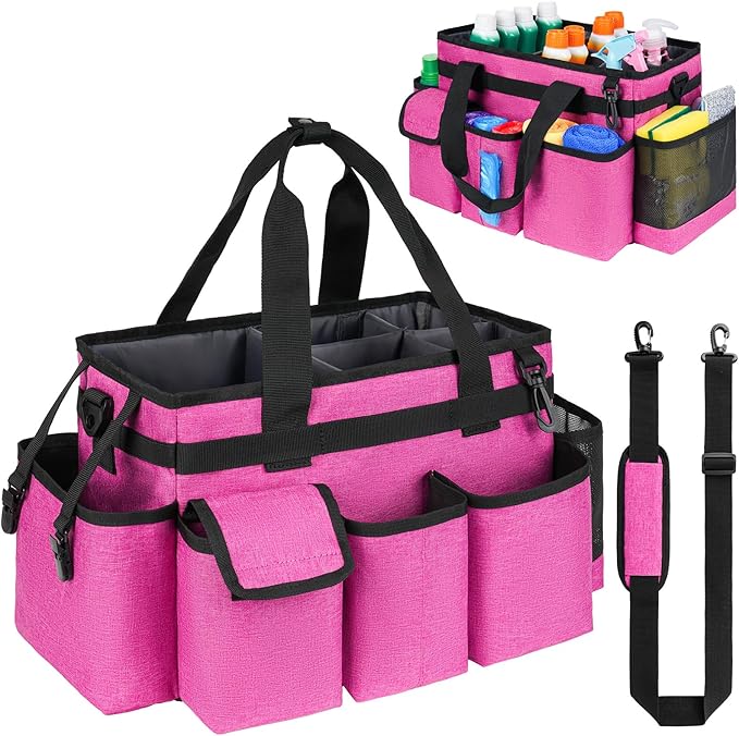 Cleaning Caddy,Cleaning Bag for Housekeepers,Cleaning Supplies Organizer with Handle,Red