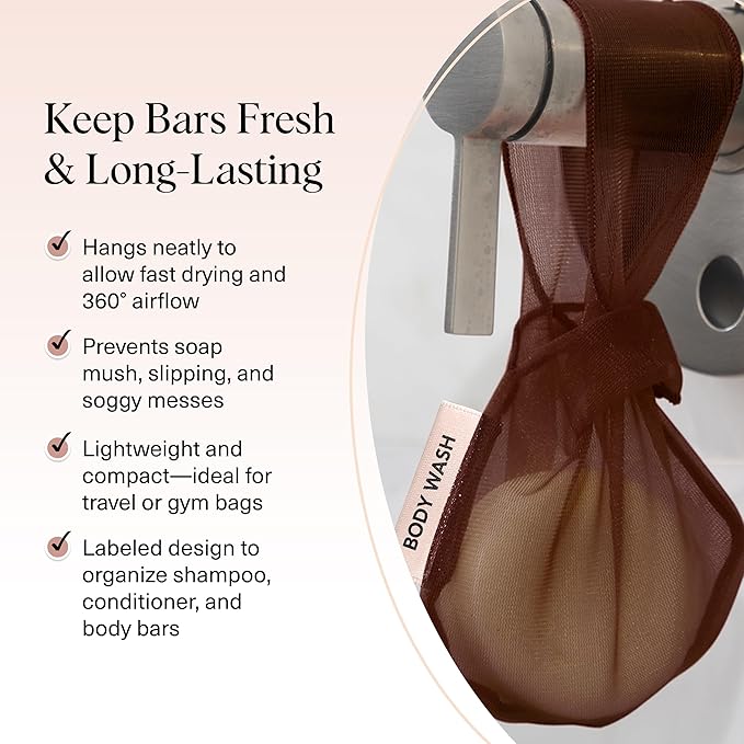 Kitsch Bar Soap Saver Bag – Patented Mesh Bag Soap Holder for Body Wash Bar - Extends Use & Prevents Soggy Mess - Recycled Mesh Beauty Pouch, Eco-Friendly – Chocolate