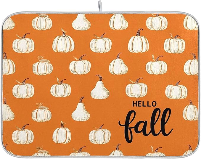 Hello Fall Burnt Orange Dish Drying Mat for Kitchen Countertop 16x18 Autumn Pumpkin Small Drying Mat Reusable Quick Dry Dish Sink Mats Easy Clean Decorative Essentials