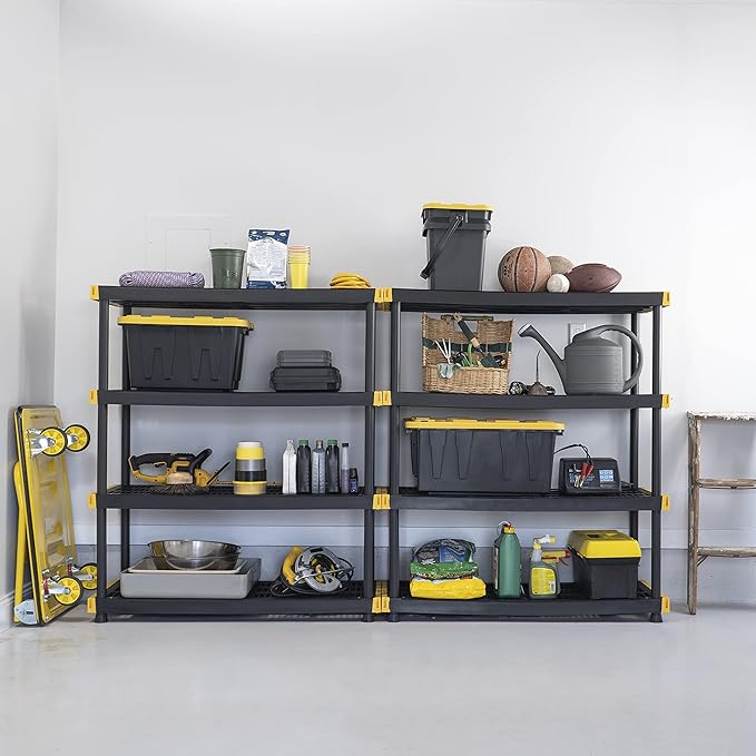 CX Black & Yellow®, Shelving Unit and Heavy Duty Storage Containers, Extremely Durable® (Shelf + 27 Gallon Container (8-Pack)