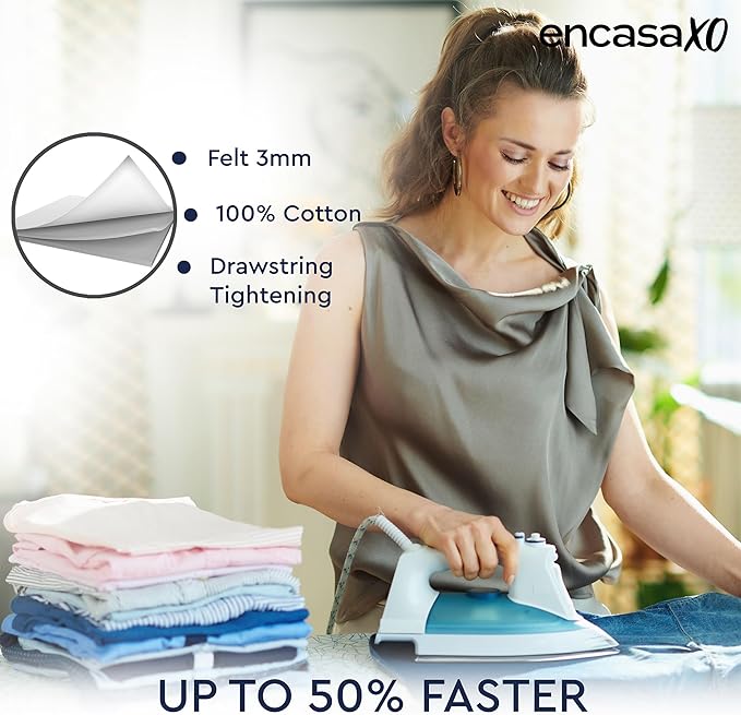 Encasa XO Ironing Board Cover and Pad 49"x18" - Thick 3mm Felt Padding, Drawstring Tightening & Lock, Easy Fit, Scorch & Stain Resistant, Fits Wide Ironing Board - Big Leaves Blue