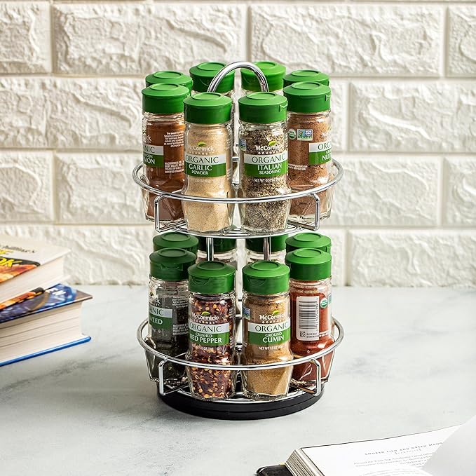 McCormick Gourmet Two Tier Chrome 16 Piece Organic Spice Rack Organizer with Spices Included, 15.41 oz