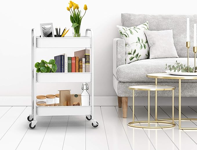 CAXXA 3-Tier Rolling Metal Storage Organizer - Mobile Utility Cart Kitchen Cart with Caster Wheels, White