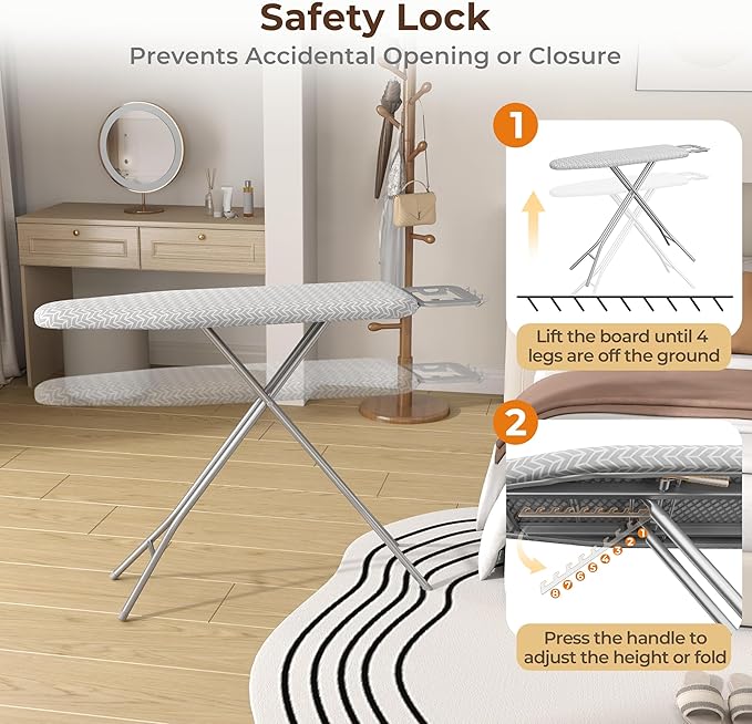 Yaheetech Foldable Ironing Board, Heavy Duty Iron Board with 9 Adjustable Heights, 4 Layer Cover and Safety Iron Rest, 52X14 Compact and Space Save Iron Board for Home Laundry Room Use, Gray&White