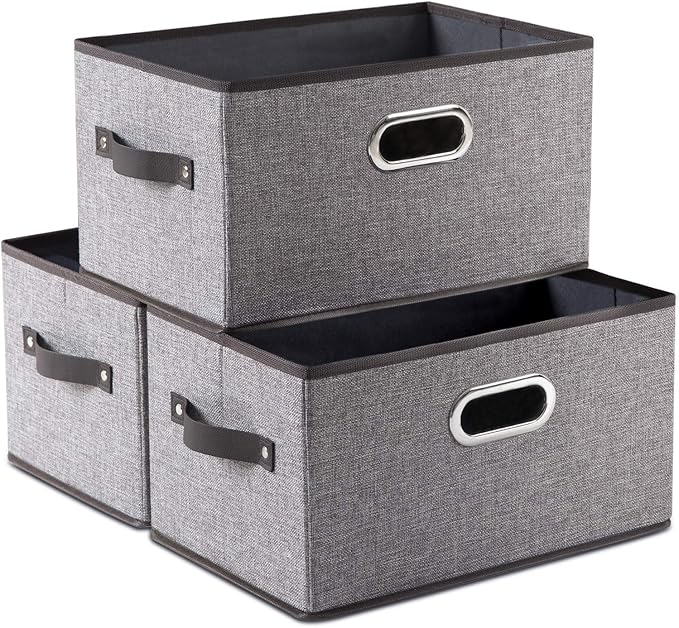PRANDOM Large Foldable Storage Bins for Shelves [3-pack] Decorative Linen Fabric Storage Baskets Cubes with Leather/Metal Handles for Closet Nursery Office Grey and Black Trim (14.9x9.8x8.3 Inch)