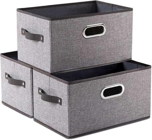 PRANDOM Large Foldable Storage Bins for Shelves [3-pack] Decorative Linen Fabric Storage Baskets Cubes with Leather/Metal Handles for Closet Nursery Office Grey and Black Trim (14.9x9.8x8.3 Inch)