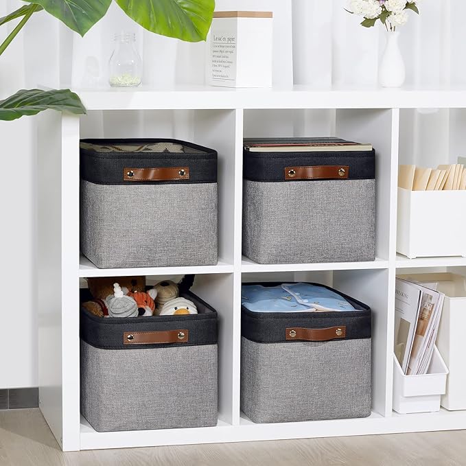 DULLEMELO Canvas Storage Bin with Handles, Fabric Bins for Shelves, Bedroom, Office,Nursery,Fabric Storage Baskets for Toys, Clothes,Gift(Black&Grey,15"x11"x9.5",4-Pack)