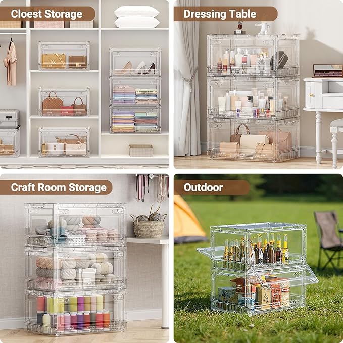 BROVIEW Clear Stackable Storage Bins Drawers, Open Front Large Plastic Storage Bins with Lids, Foldable Closet Organizers and Storage for Wardrobe Cabinets, Pantry, Makeup,4 Pack
