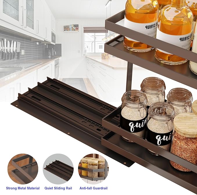 2 Pack Pull Out Spice Rack Organizer for Cabinet, 2 Tier Metal Slide Out Seasoning Organizer and Storage Heavy Duty Vertical Spice Rack Shelf Pullout for Kitchen Cabinets No Drilling (Black)