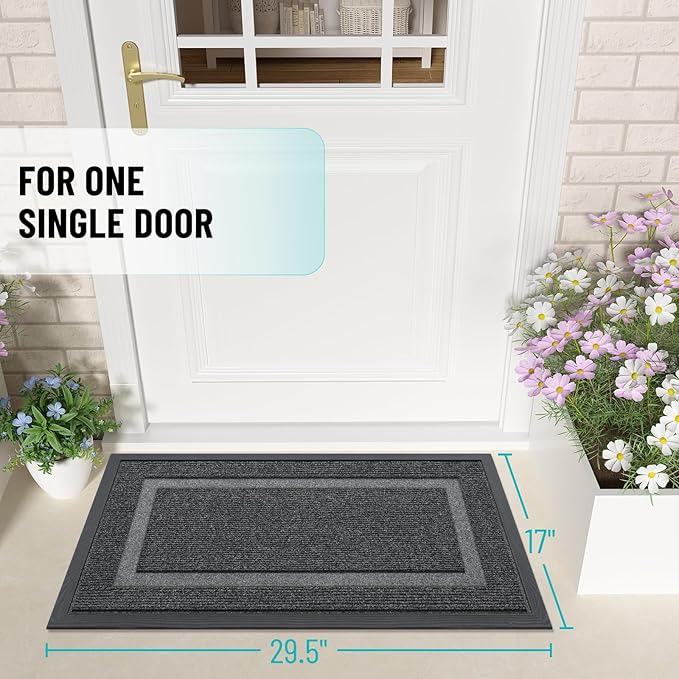 OLANLY Front Door Mat Indoor Outdoor Entrance, Waterproof All-Season, All-Weather Doormat, Sturdy Natural Rubber, Fade Resistant, Low Profile, Easy Clean Patio Porch Entryway Mat, 29.5x17, Grey