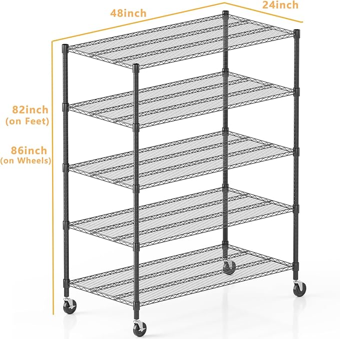Himimi 5 Tier Wire Shelving with Wheels Heavy Duty Height Adjustable Metal Shelves for Storage, Commercial Grade Steel Utility Wire Rack for Kitchen Garage Pantry Organization-24×48×82, Silver