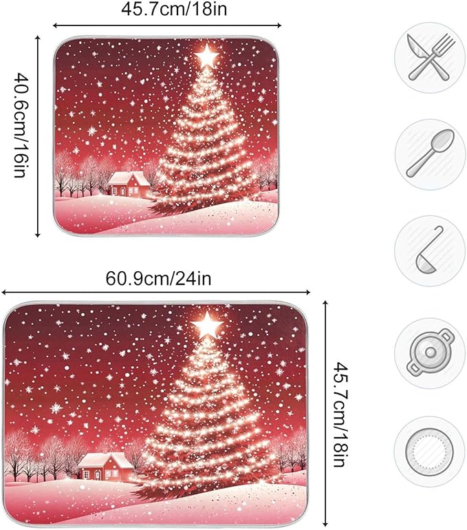 Christmas Tree Red Dish Drying Mat for Kitchen Countertop 16x18 Winter Snow Cabin Xmas Small Drying Mat Reusable Quick Dry Dish Sink Mats Easy Clean Decorative Essentials