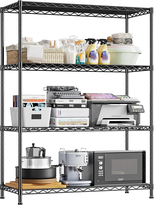 4- Shelf Metal Shelving Unit Adjustable Storage Shelves Heavy Duty Garage Shelving Steel Wire Shelving for Laundry Bathroom Kitchen Pantry Closet Garage Black, 35.6Wx16Dx54H