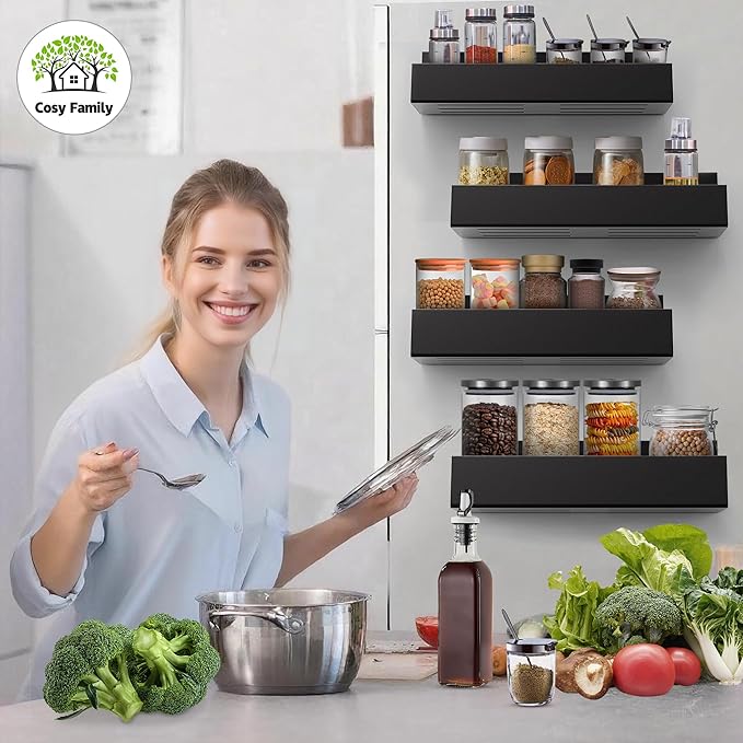 Cosy Family 4-Pack Strong Magnetic Metal Spice Rack Organizer for Refrigerator & Oven - Rustproof Black Fridge Shelves with Hooks for Kitchen Storage & Organization