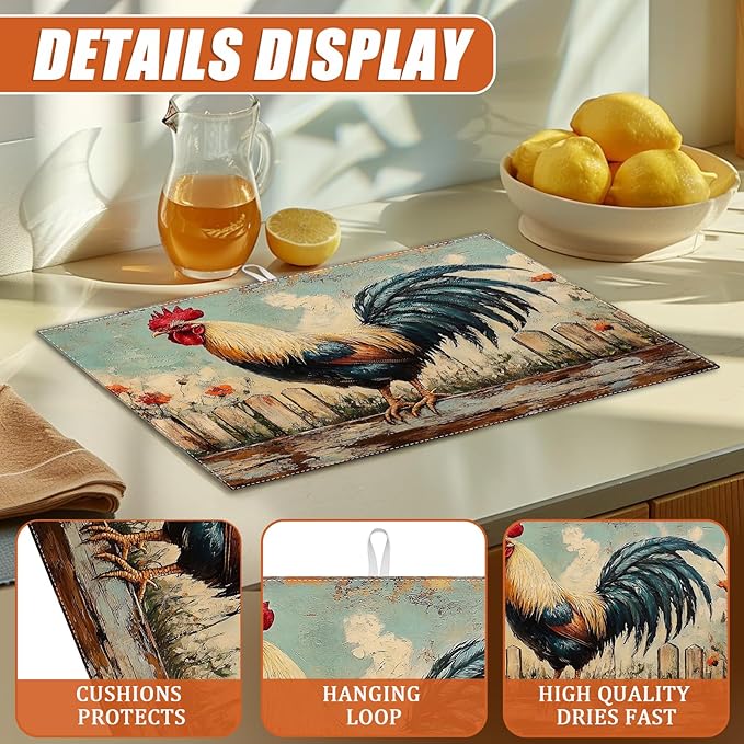 Vintage Rooster Dish Drying Mat for Kitchen Counter Microfiber Absorbent Dish Kitchen Drying Mat Draining Reusable Washable for Dishes/Utensils/Counterto