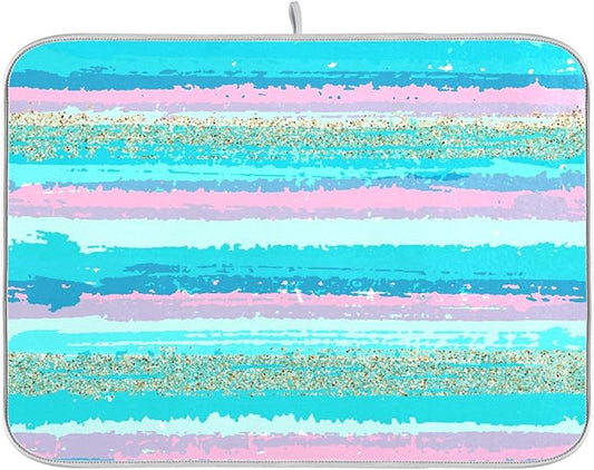 Turquoise Stripe Dish Drying Mat for Kitchen Countertop 16x18 Rectangle Teal Aqua Small Drying Mat Reusable Quick Dry Dish Sink Absorbent Mats Dishwasher Easy Clean Decorative Home Decor Essentials