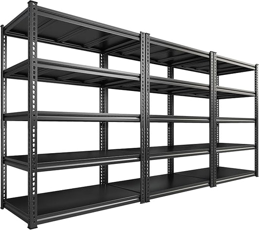 REIBII 72" H Garage Shelving Load 2500 LBS, Heavy Duty Storage Shelves, 5-Tier Adjustable Garage Shelves for Warehouse, Basement, 72" H x36 W x18 D, Black, 3 Pack