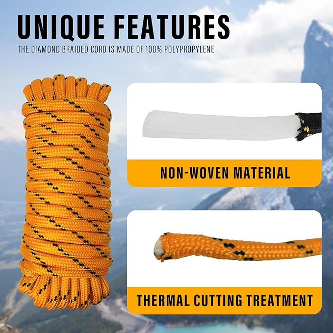 Diamond Braided Polypropylene Rope Nylon Rope Mix Thick Heavy Duty Ropes 3/8'' 100ft High Strength Perfect for Clothesrope Camping Hiking and Other Outdoor Activities Orange