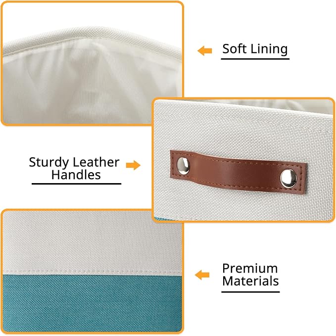 DULLEMELO Foldable Storage Cubes 11 x 11 Organizer Bins,Canvas Storage Bins Empty Gift Baskets for Organizing with SturdyLeather Handles, Closet Baskets for Nursery Storage(4 Pack - 11" White&Teal)