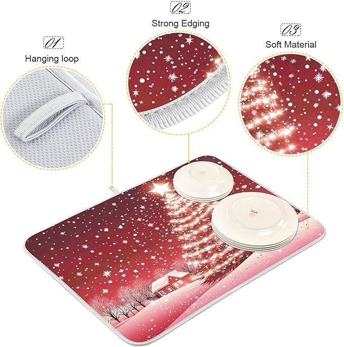 Christmas Tree Red Dish Drying Mat for Kitchen Countertop 16x18 Winter Snow Cabin Xmas Small Drying Mat Reusable Quick Dry Dish Sink Mats Easy Clean Decorative Essentials