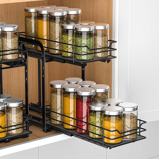 RCHYFEED Spice Organization for Cabinet, 2 Tier Pull Out Spice Rack for Seasoning Organizer, Height Adjustable Heavy Duty Metal Basket for Inside Cabinets & Pantry Closet(5.5" Wx10.5 Dx9.5 H)