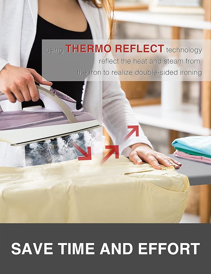 Extra Thick Ironing Board Cover and Pad, Resist Scorching and Staining, 15x54 Reflective Silicone Iron Board Cover With Padding, Elastic Edges, 4 Fasteners, Large Protective Scorch Mesh Cloth