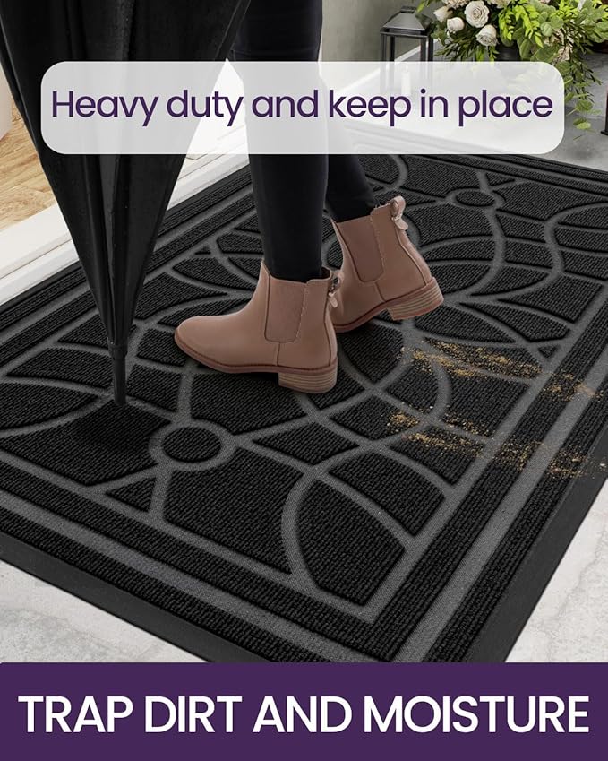 DEXI Front Door Mat Outside Entrance, Heavy Duty Non Slip Low Profile Doormat for Entryway, Trap Dirt and Moisture Welcome Mats, Easy Clean, Patio, Garage, 17x29, Black