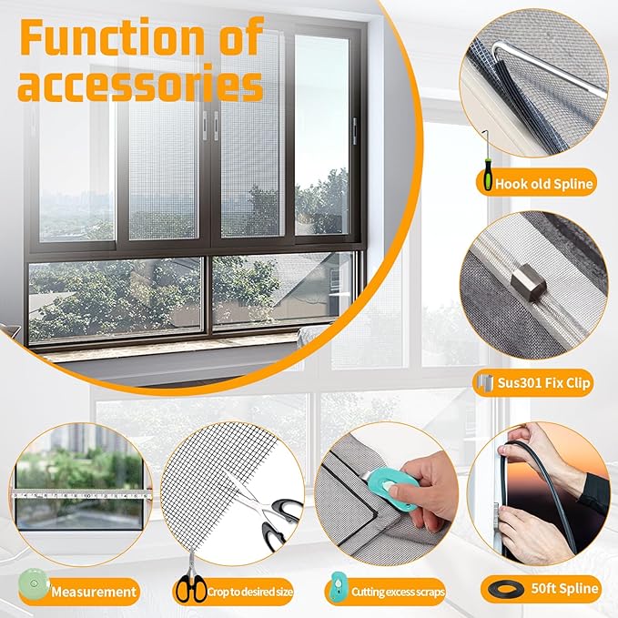 Window Screen Replacement,Screen Door Repair Kit, 59"x158" Black Window Screen Mesh,Including 50 FT Splines+Hooks+2 Rollers+8 Clips+Scissors+Knife+Tape Measure,Fully Equipped Window Screen Repair Kit