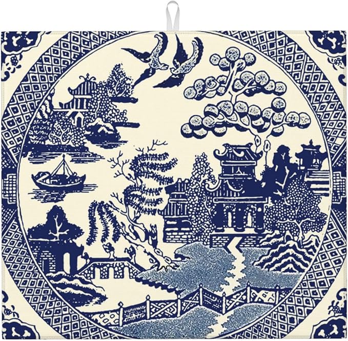 Dish Drying Mat For Kitchen Counter Absorbent Dish Mat Reversible Drainer Drying Kitchen Mat (Oriental Style Chinese Blue Willow, 16"x18")
