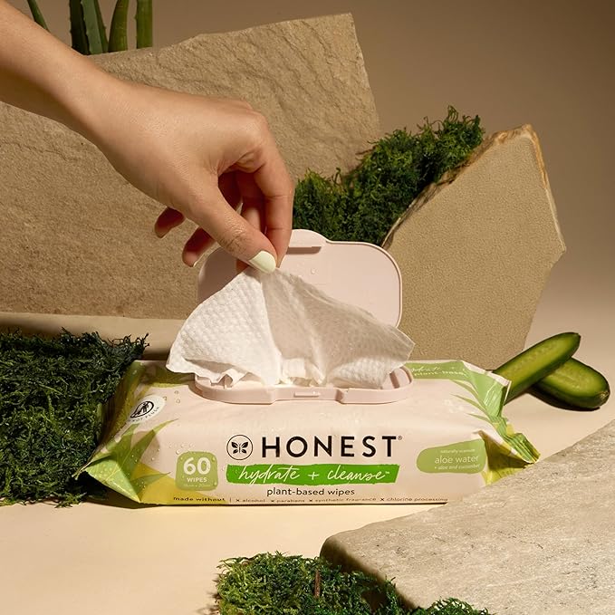 The Honest Company Hydrate and Cleanse Naturally Scented Wipes Cleansing Multi-Tasking Wipes 99% Water Plant Based Hypoallergenic Aloe and Cucumber 60 Count